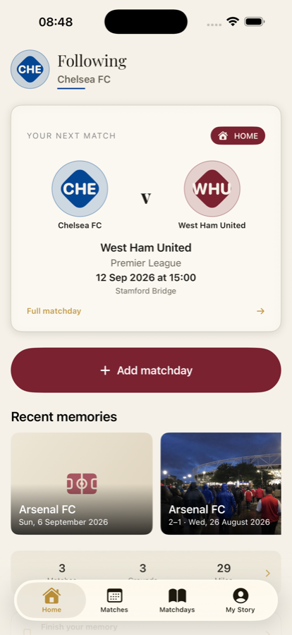 The Following home screen showing your next match, an Add matchday button and recent memories.
